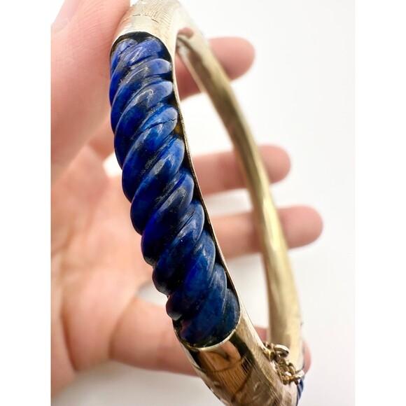 Vintage sterling silver gold plated carved lapis lazuli bangle Bracelet - Picture 3 of 10
